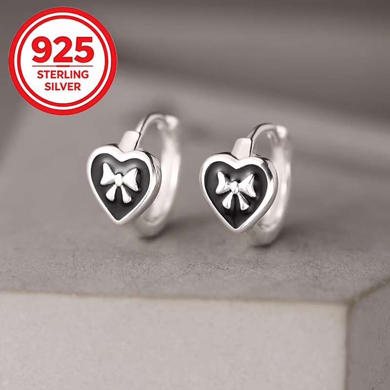 Women's 925 Sterling Silver Black Epoxy Heart Butterfly Pendant Earrings